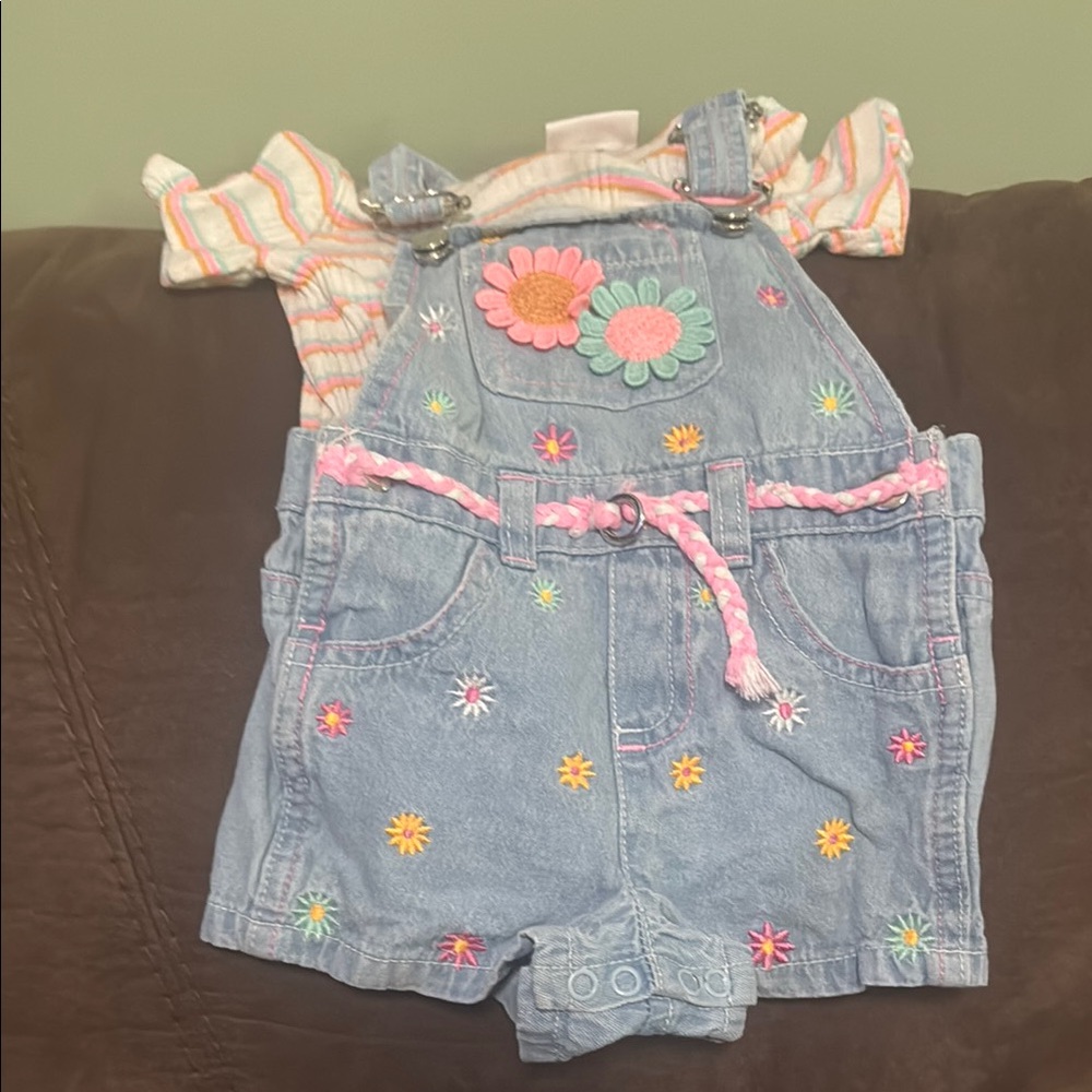 Little Lass Blue and Pink Overalls with Floral Embroidery
